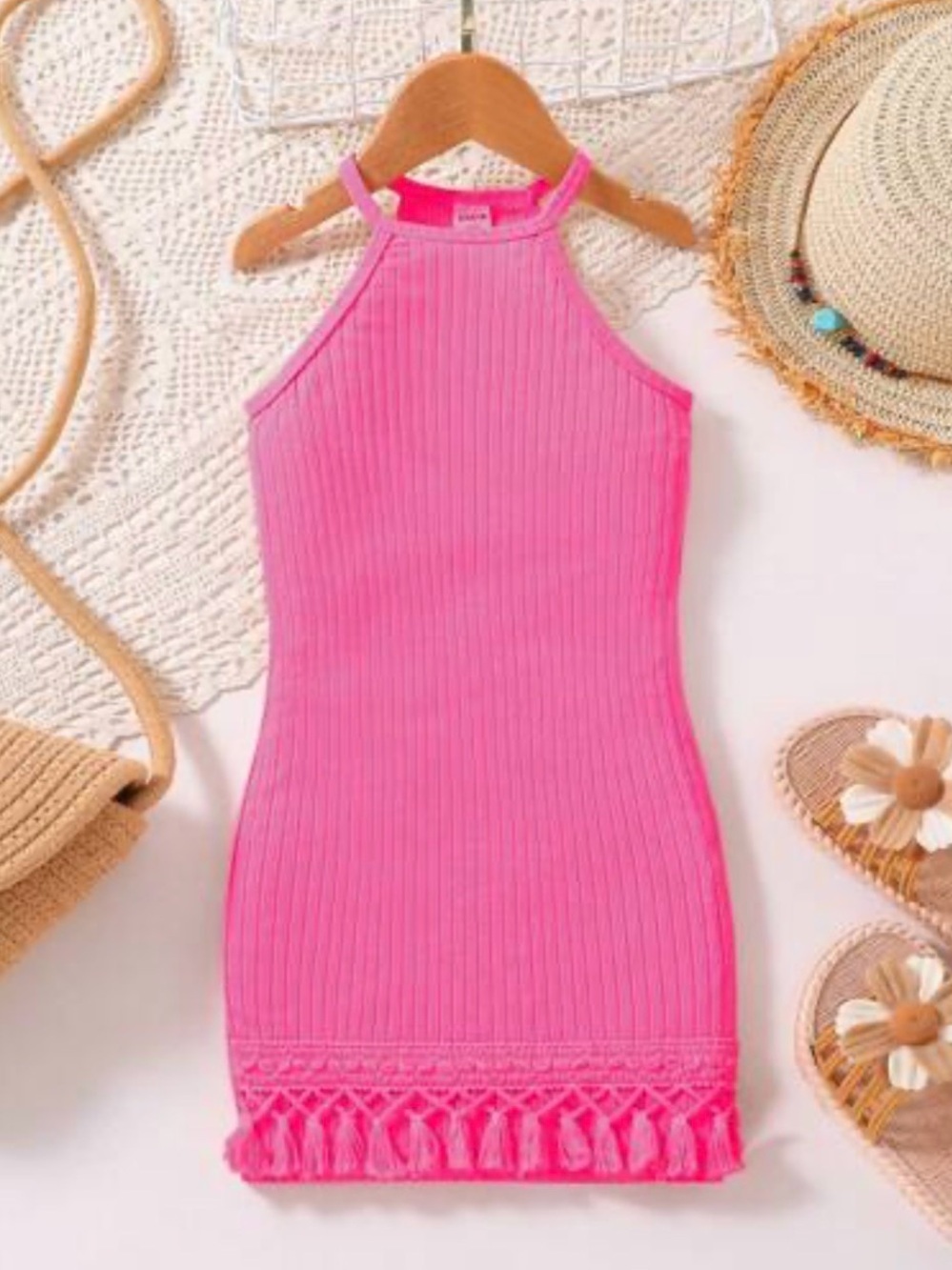 Girls' Hot Pink Ribbed Halter Dress with Tassel Hem